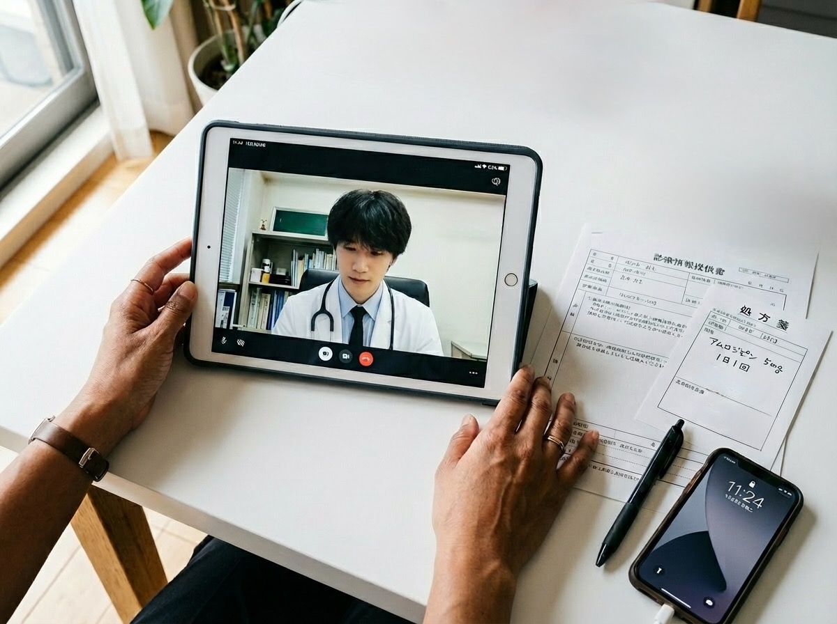 Patient consulting with a doctor via tablet video call